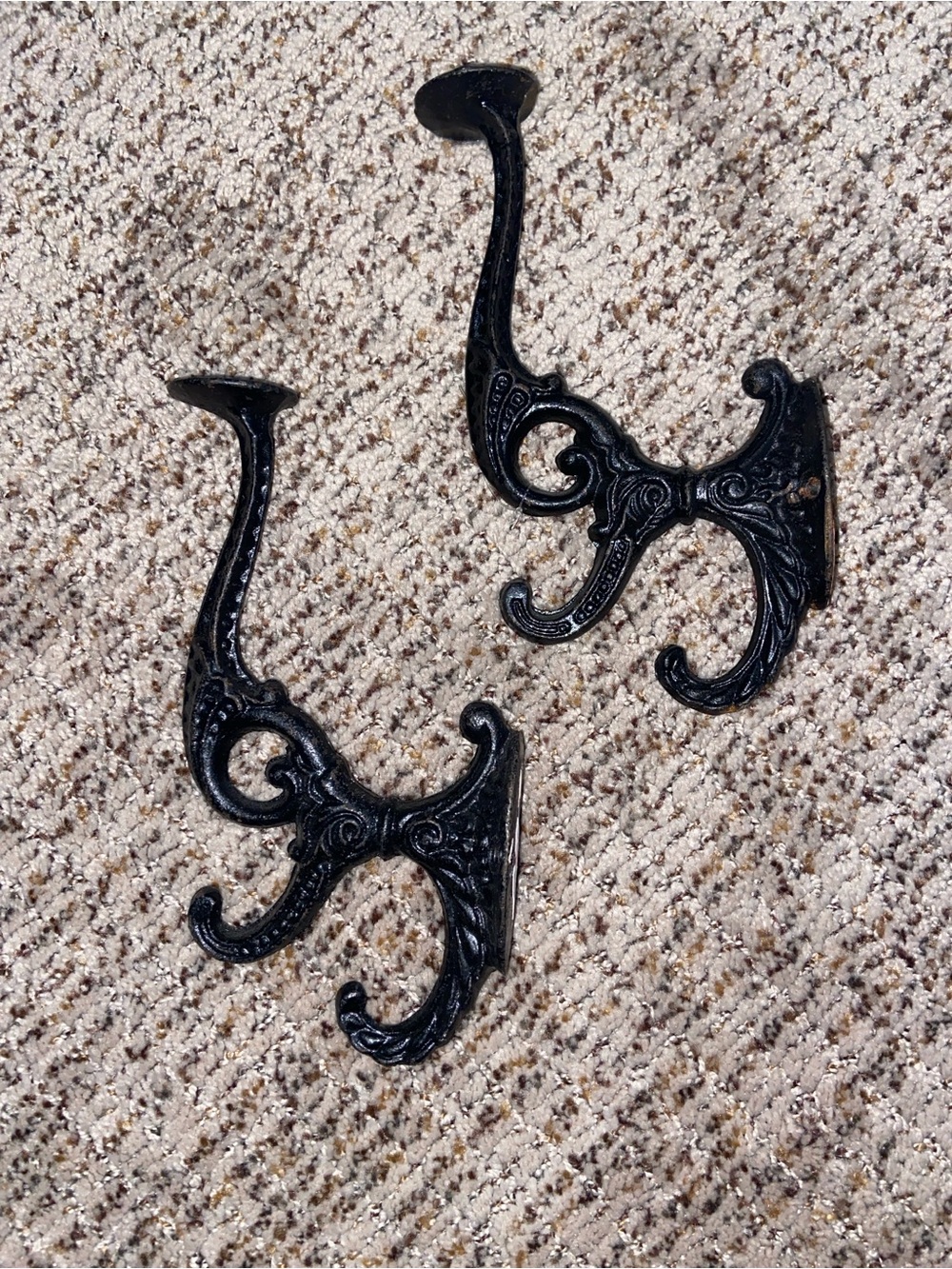Ornate Black Cast Iron Wall Hooks - Decorative Double Coat Hangers